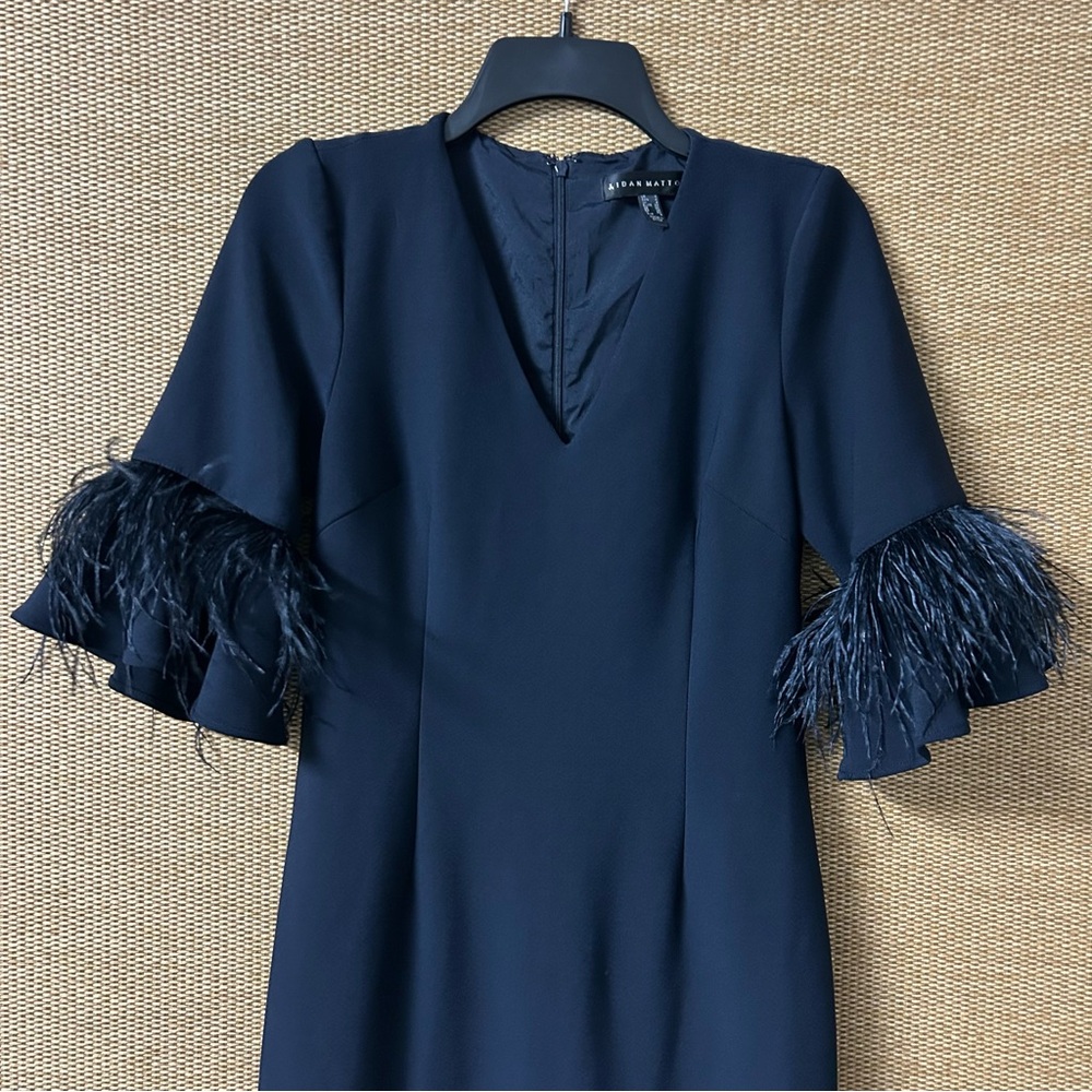 Aidan Mattox Dress Women 4 Blue 3/4 Feathered Bell Sleeve Full Length Ball Gown